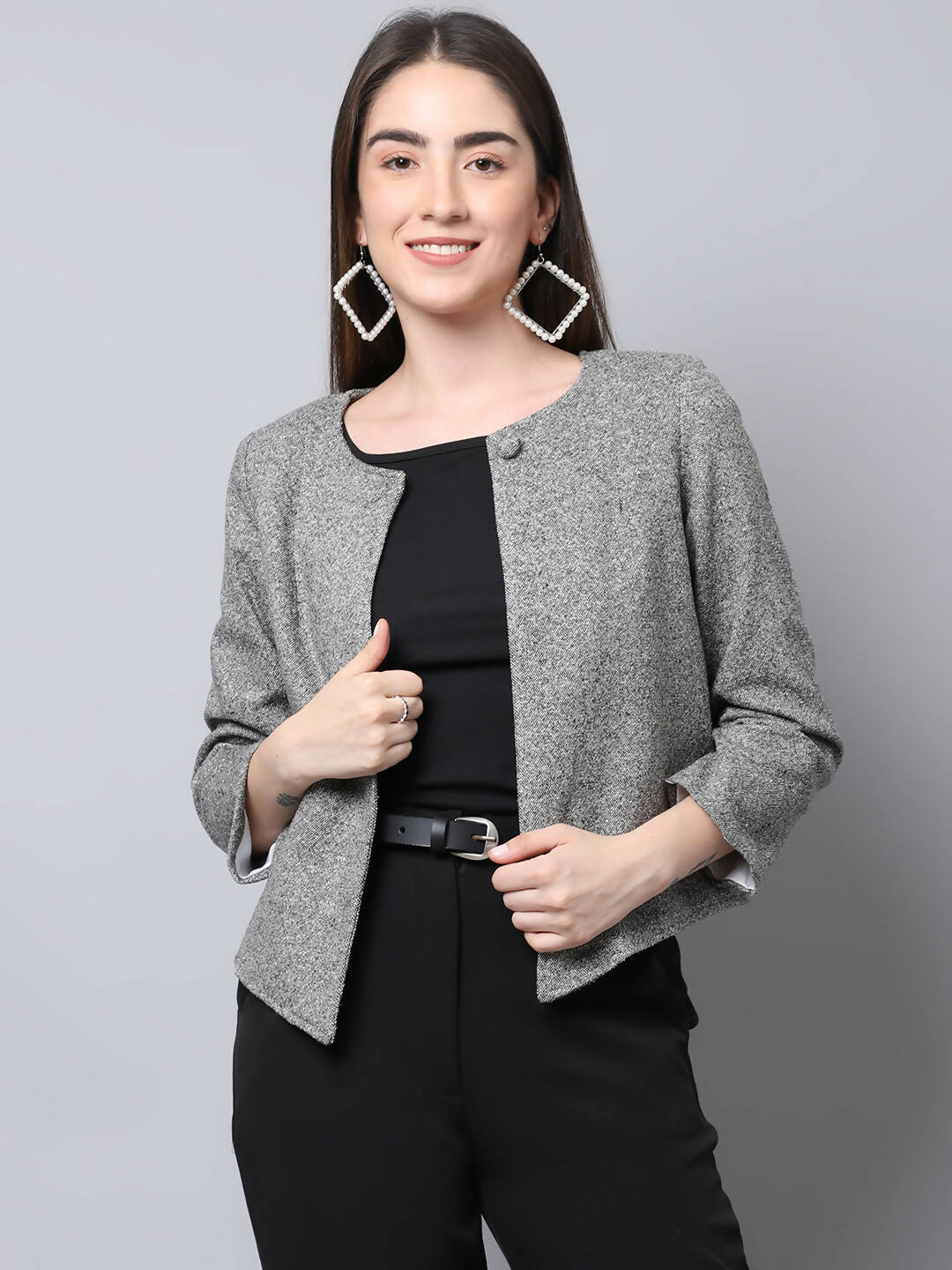 Even Apparels Grey Pure Wool Open Front Statement Women's Jacket | Grocsy