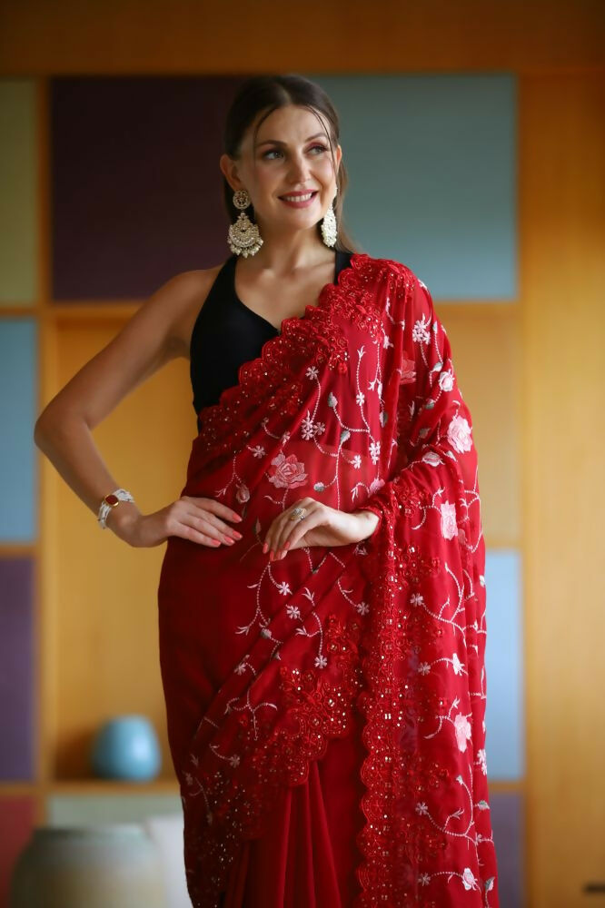 Vamsee Ashi Red Georgette Saree | Grocsy
