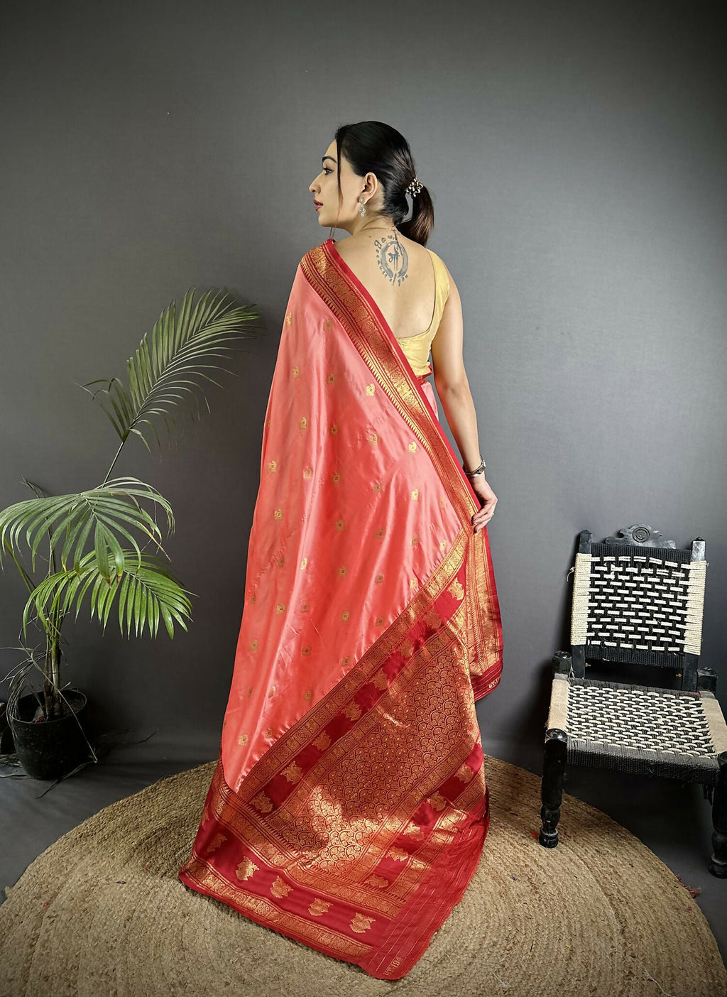 Joban Fashion Peach Banarasi Soft Silk Woven Butti Saree | Grocsy