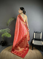 Joban Fashion Peach Banarasi Soft Silk Woven Butti Saree | Grocsy