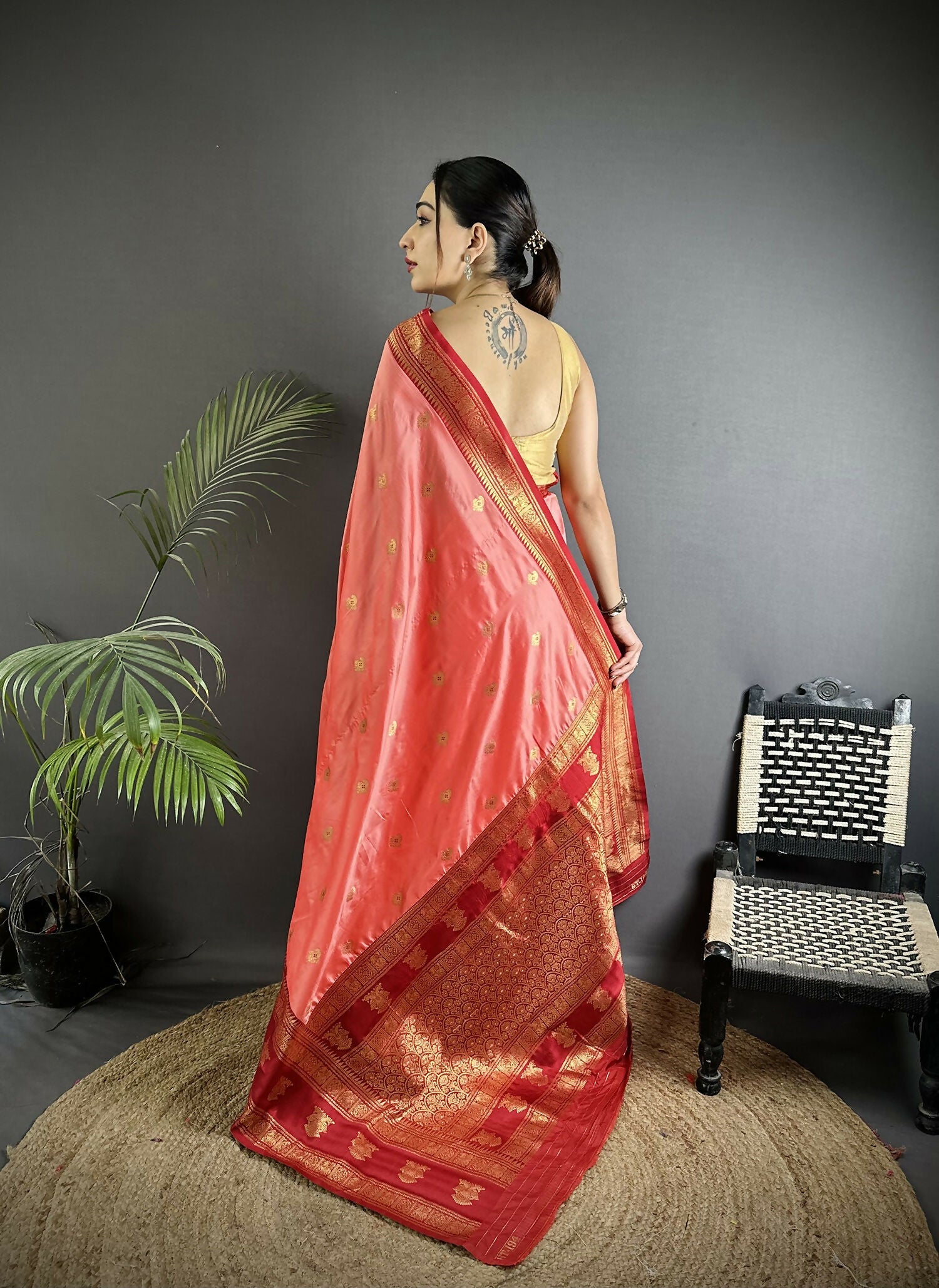 Joban Fashion Peach Banarasi Soft Silk Woven Butti Saree | Grocsy