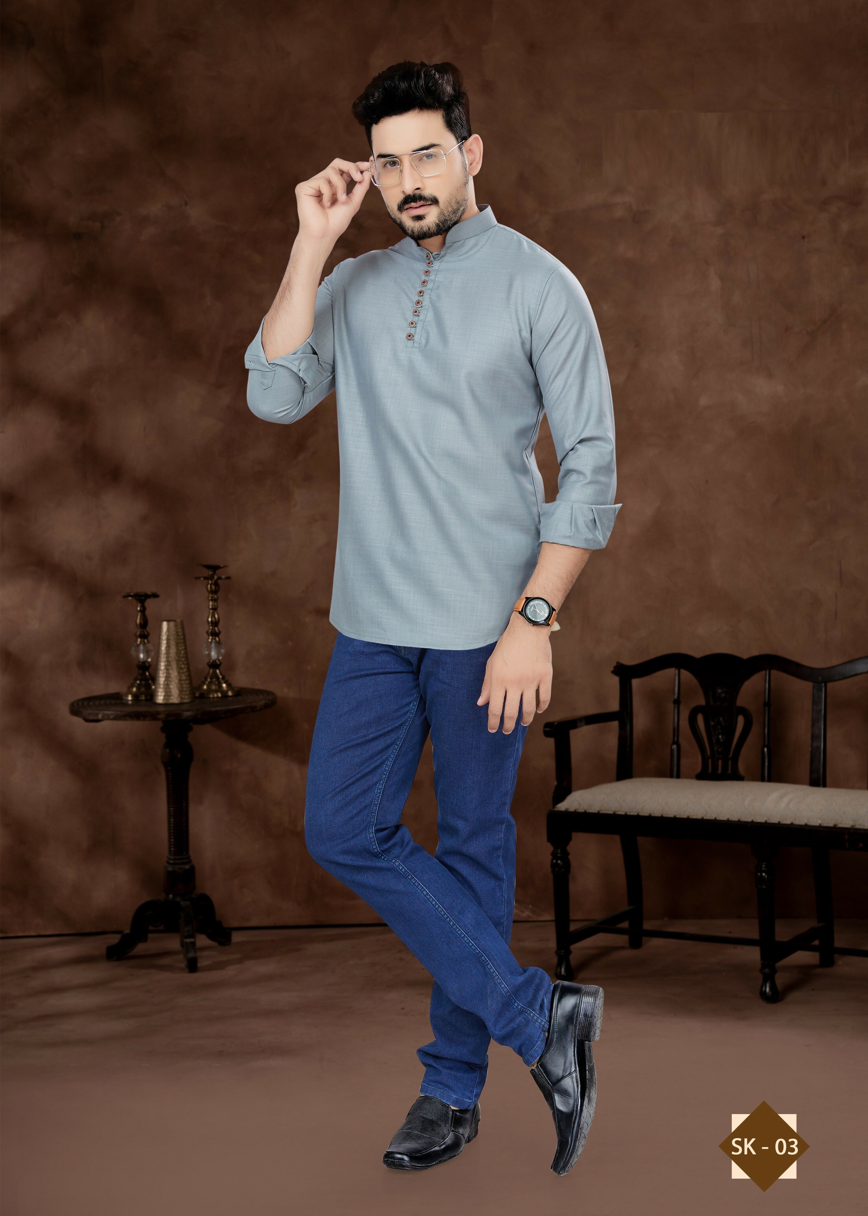 Joban Fashion Men's Pure Cotton Grey Plain Short Kurta | Grocsy
