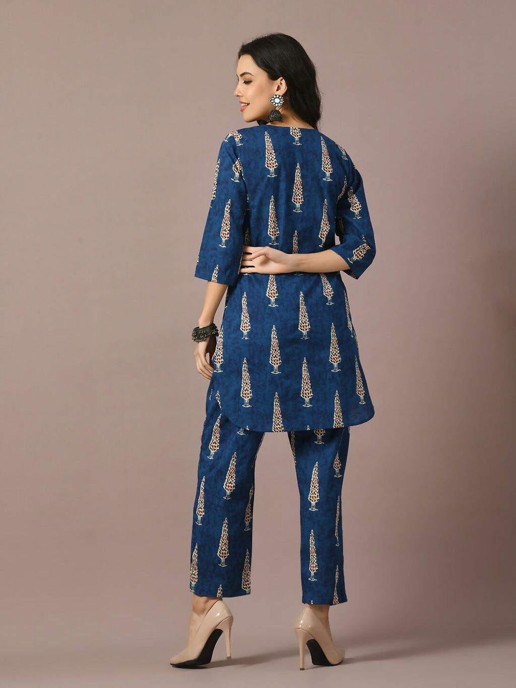 Myshka Women's Blue Printed Cotton Round Neck Party Tunic With Trousers Co-ord set | Grocsy