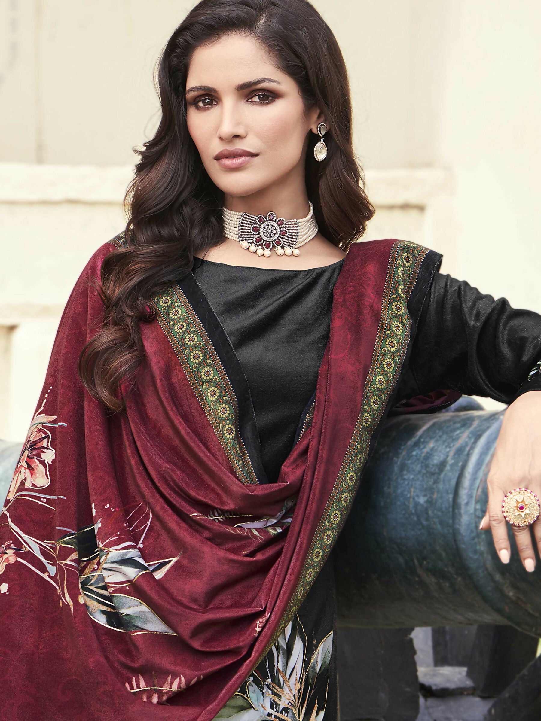 Jyoti Fashion Women's Black Velvet Floral Digital Printed Kurta with Trouser & Dupatta | Grocsy