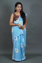 Exclusive Collection Sky Pure Cotton Saree With Sunflower Design | Grocsy
