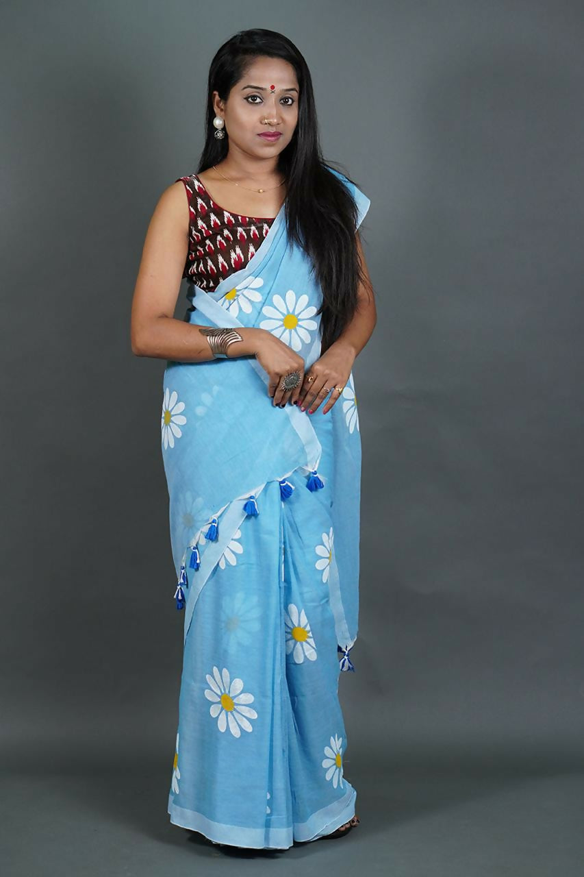 Exclusive Collection Sky Pure Cotton Saree With Sunflower Design | Grocsy