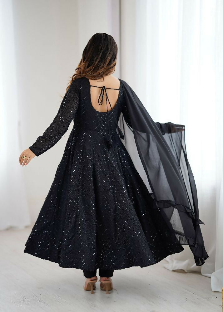 The52 Women's Gorgeous Embroidery Fox Georgette Fabric Flared Anarkali Pant and Dupatta Set | Grocsy