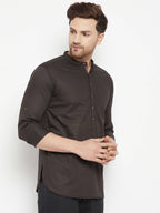 Even Apparels Brown Pure Cotton short Men's Kurta With Band Collar | Grocsy