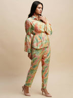 Light Green & Orange Poly Rayon Tie and dye Printed Top with Matching Trouser - Shivani | Grocsy