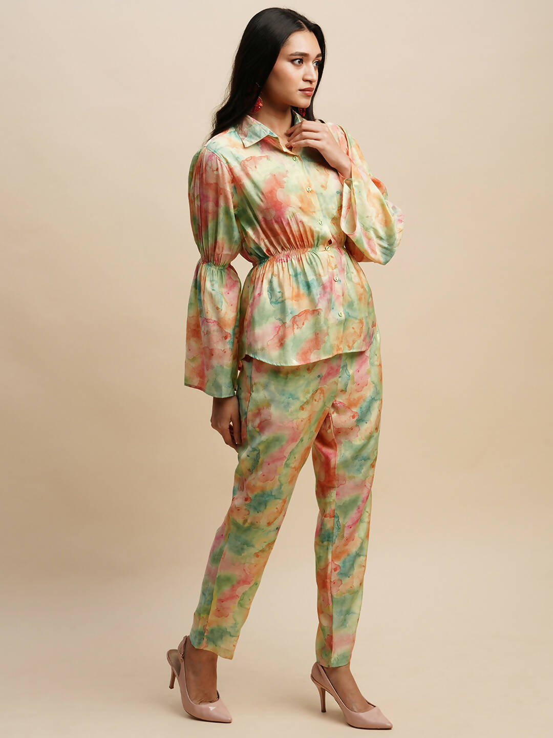 Light Green & Orange Poly Rayon Tie and dye Printed Top with Matching Trouser - Shivani | Grocsy