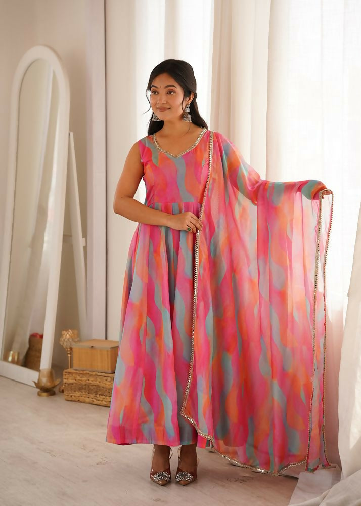 Teeya Creation New Womens Vibrant Multi-Colored Abstract Print Sleeveless Anarkali Suit with Dupatta | Grocsy