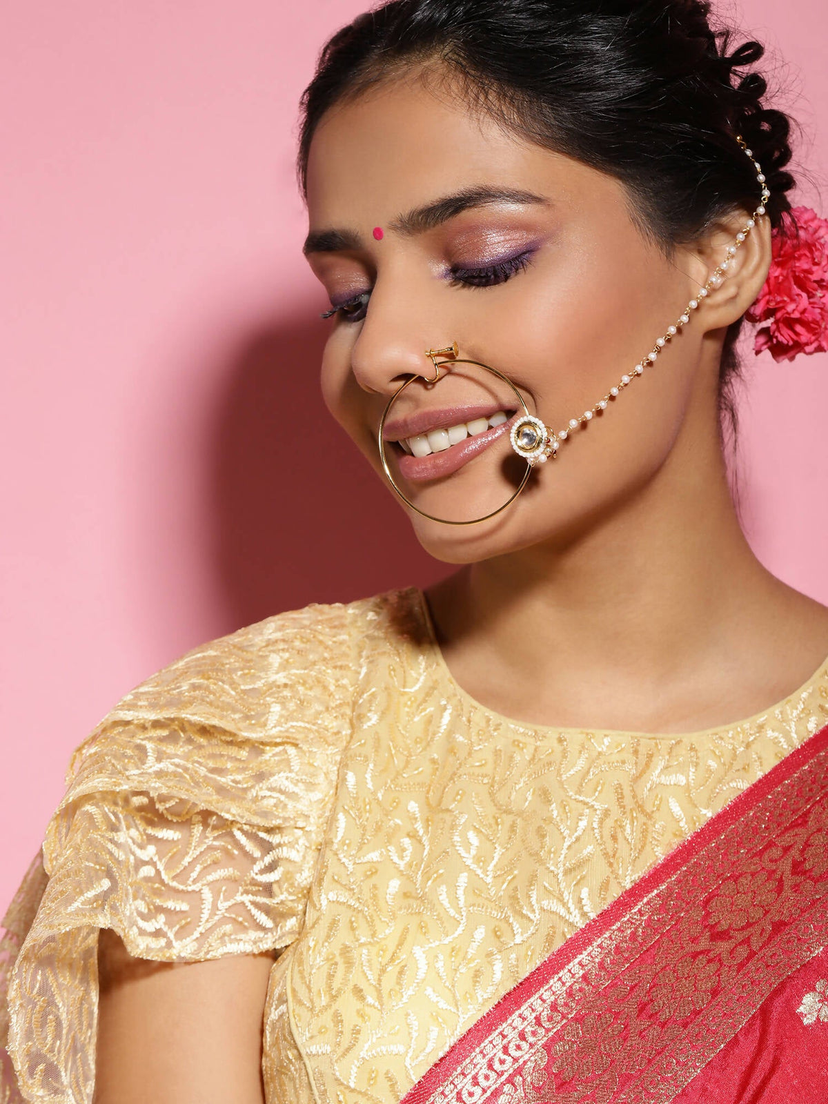Gold-Polished white kundan nosepin - Ruby Raang | Grocsy