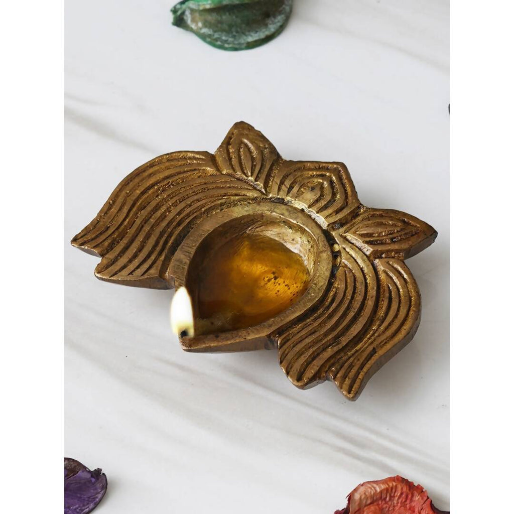 eCraftIndia Gold Toned Lotus Shaped Traditional Brass Diya | Grocsy