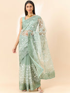 Green Organza Floral Embroidered Saree with Unstitched Blouse Piece - Roozal | Grocsy