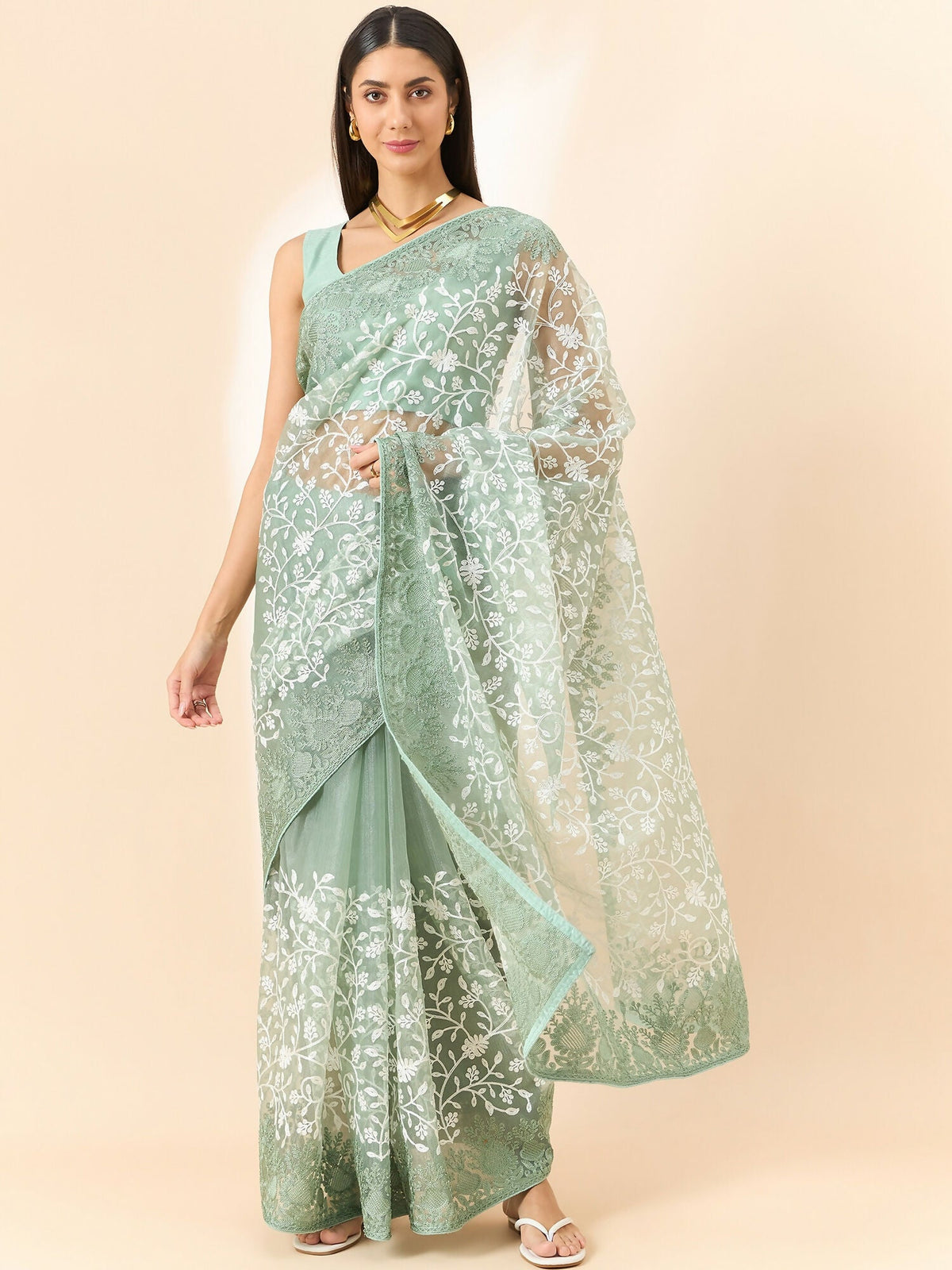 Green Organza Floral Embroidered Saree with Unstitched Blouse Piece - Roozal | Grocsy