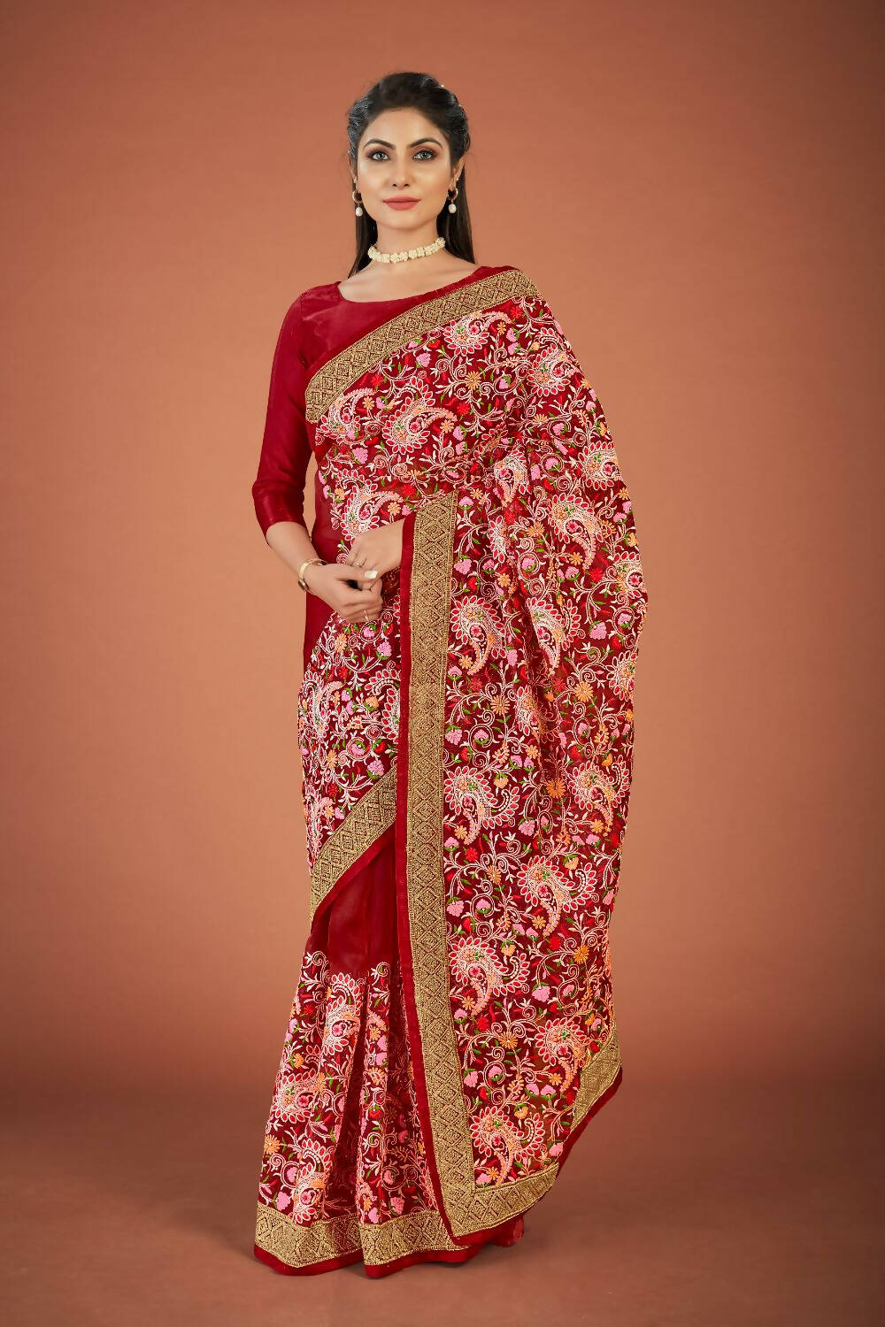 Vamsee Maroon Organza Saree | Grocsy