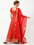 Cheera Women's Red Cotton Hand Block Print Long Dress With Silk Dupatta Set | Grocsy