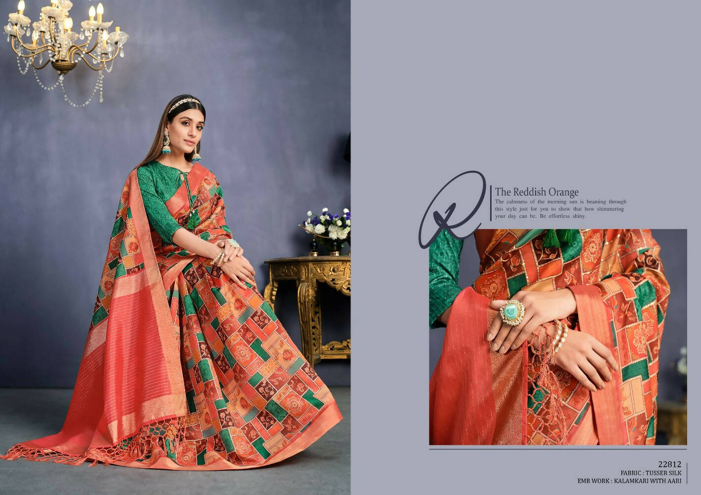 Orange Tusser Silk Floral, Geometric Printed With Embroidered Work Saree With Unstitched Blouse - Mohmanthan Aahana | Grocsy
