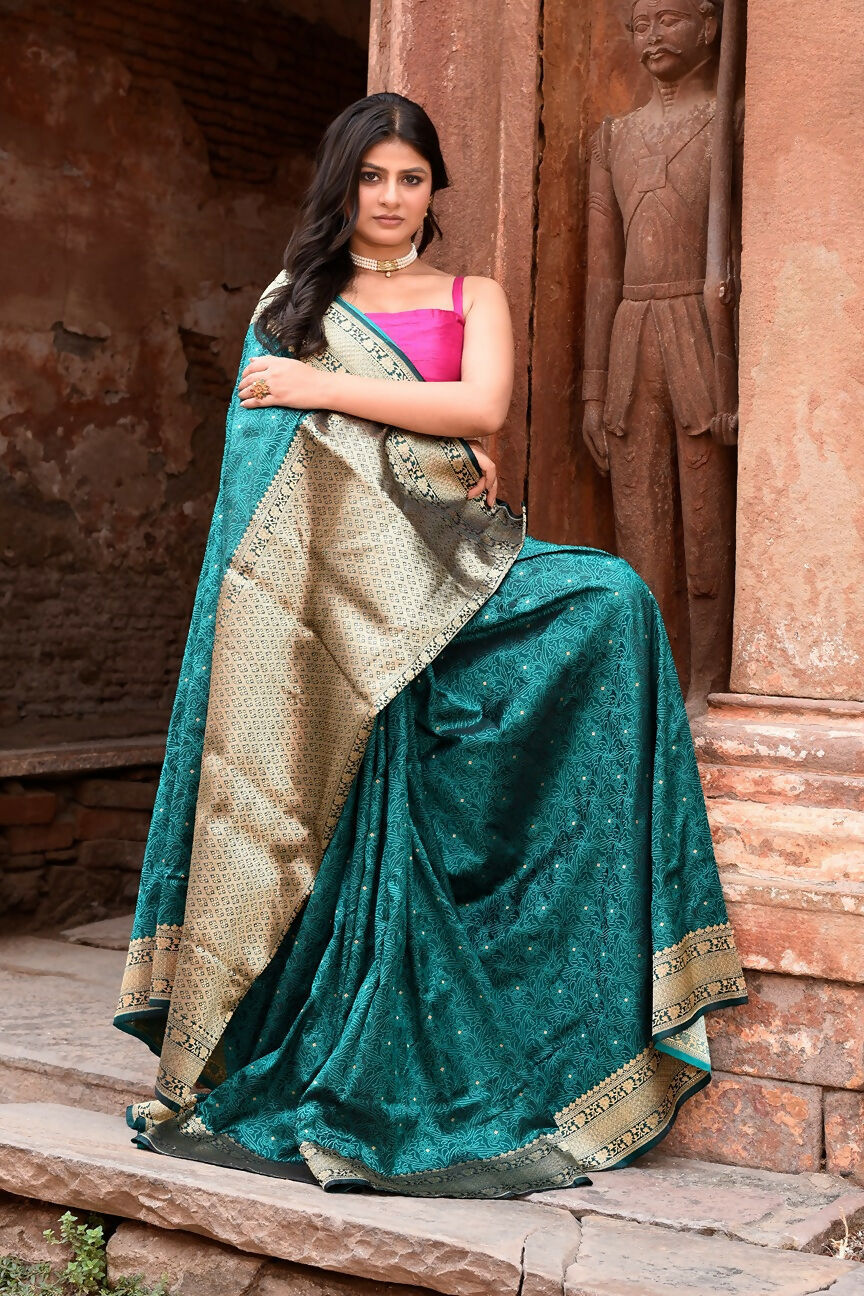 Joban Fashion Green Banarasi Katan Pure Handloom Banarasi Silk Saree | Grocsy