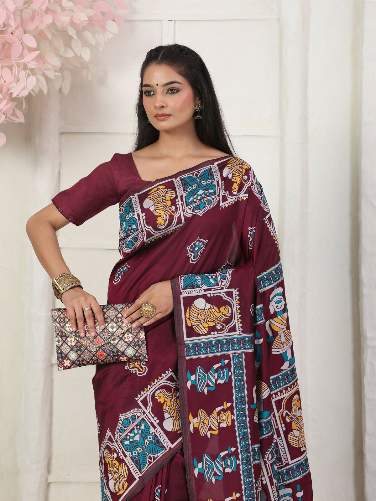 Shree Shyam Fashion Silk Blend Wine Saree | Grocsy