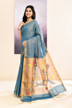 Piyari Fashion Women's Sky Blue Embellished Tissue Jamdani Saree | Grocsy