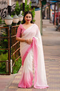 Pink Poly Chiffon Striped Saree with Unstitched Blouse - A2M | Grocsy