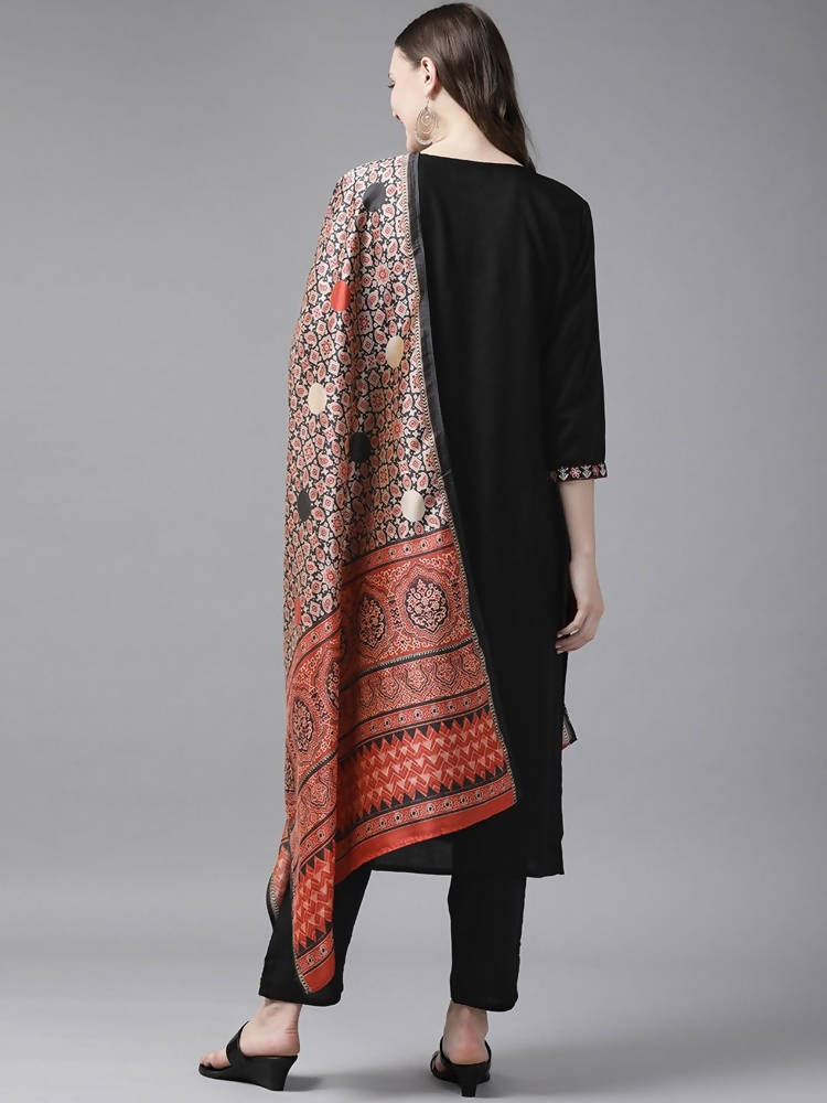 Yufta Women Black Solid Kurta with Trouser and Dupatta | Grocsy