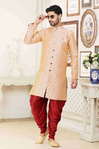 Raivat Ethnic Banarasi Jacquard Embroidery Semi Indo Western Sherwani In Cream Maroon Colour | Grocsy