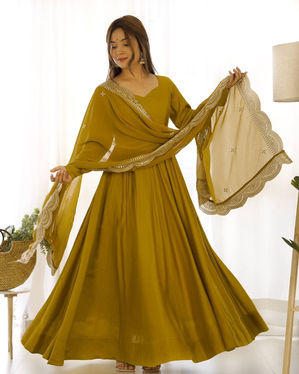 Lehenga Mart Wedding Wear Anarkali Suit With Dupatta - Mustard | Grocsy
