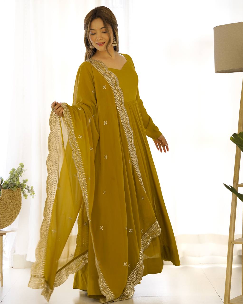 Lehenga Mart Wedding Wear Anarkali Suit With Dupatta - Mustard | Grocsy