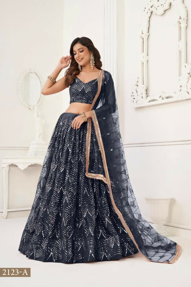Aastha Fashion Black Butterfly Net Tone To Tone Thread Work, Sequence Work And Original Mirror Work Embroidery Wedding Wear Lehenga Choli | Grocsy