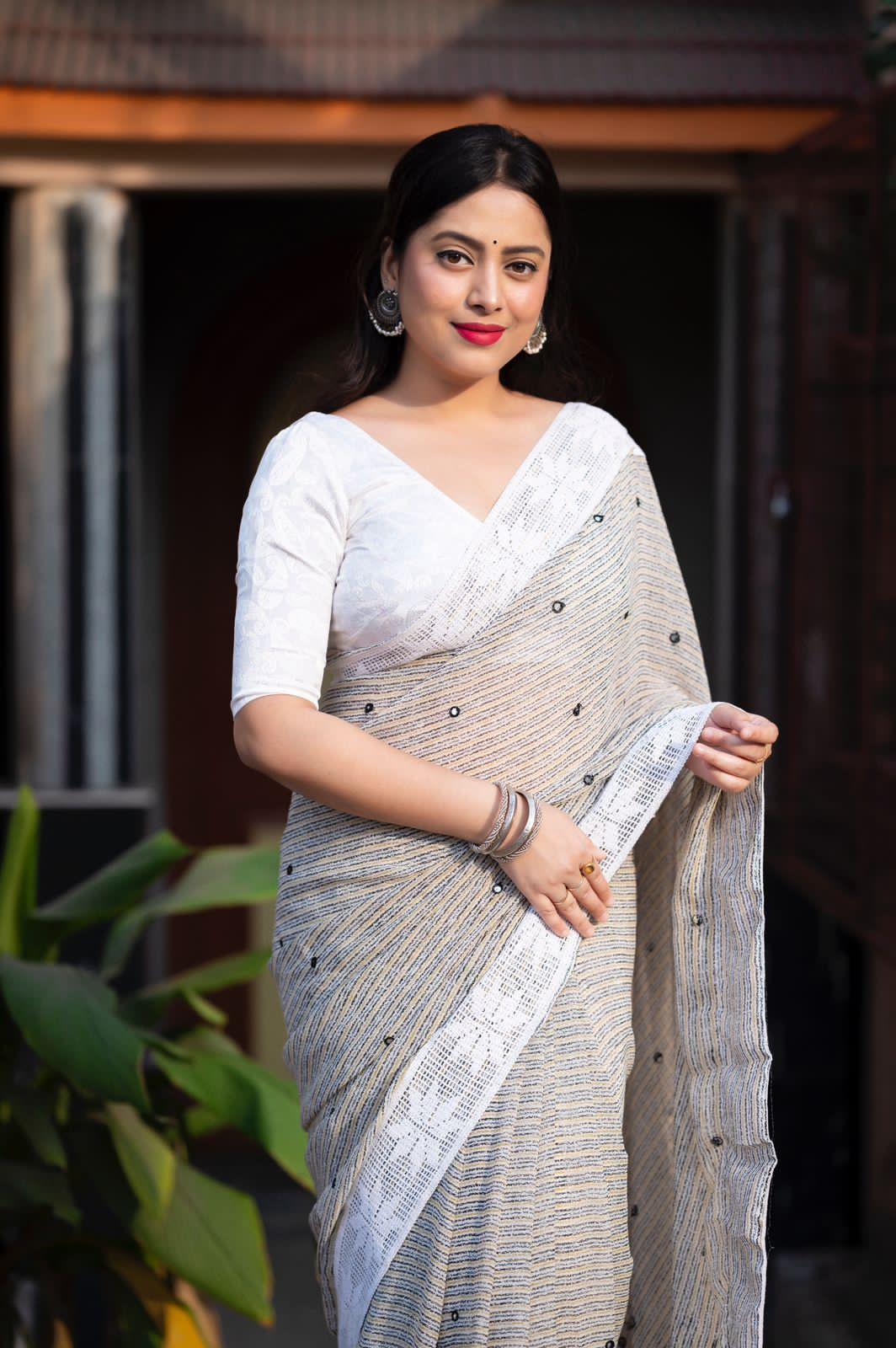 Grey Poly Georgette Ethnic Motifs Saree with Unstitched Blouse - A2M | Grocsy