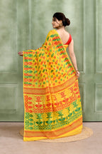 Piyari Fashion Women's Yellow Embellished Cotton Blend Jamdani Saree | Grocsy