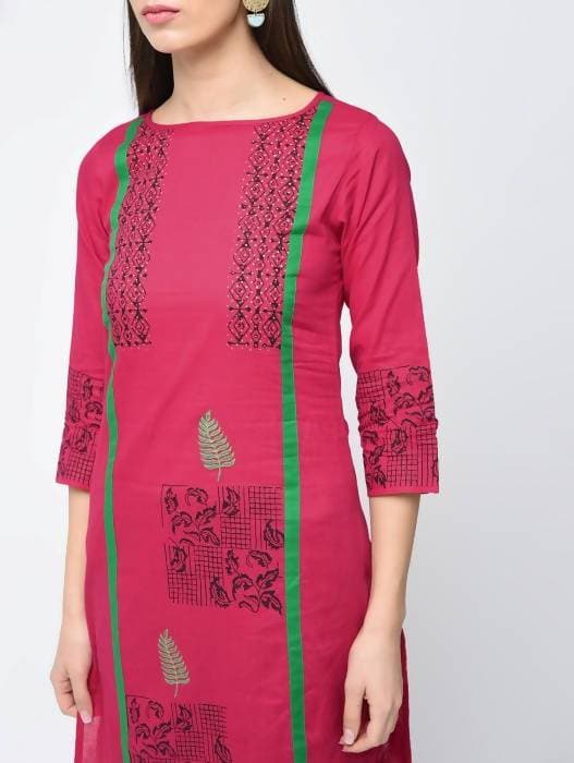 Aniyah Cotton Block Printed Straight Pink Kurta (AN-114K) | Grocsy