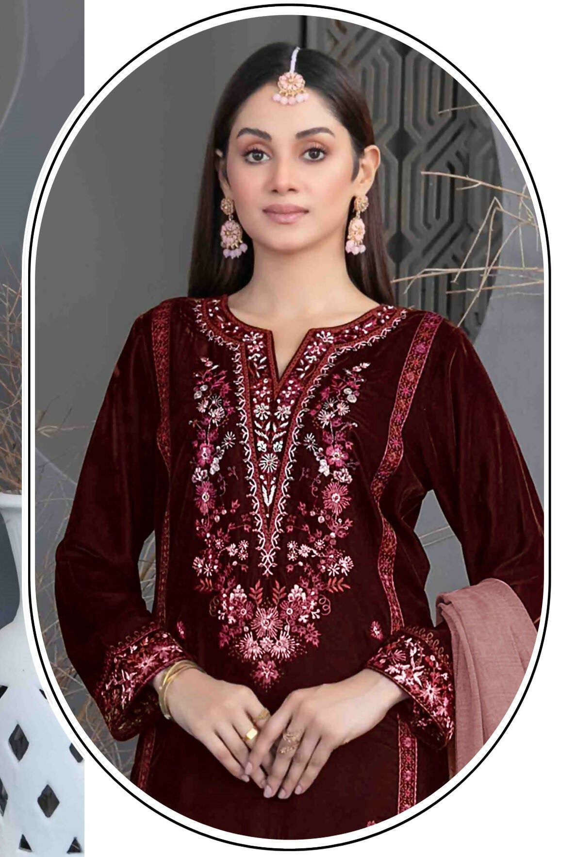 Anaita Maroon Velvet Suit with Embroidery Sequence Work | Grocsy