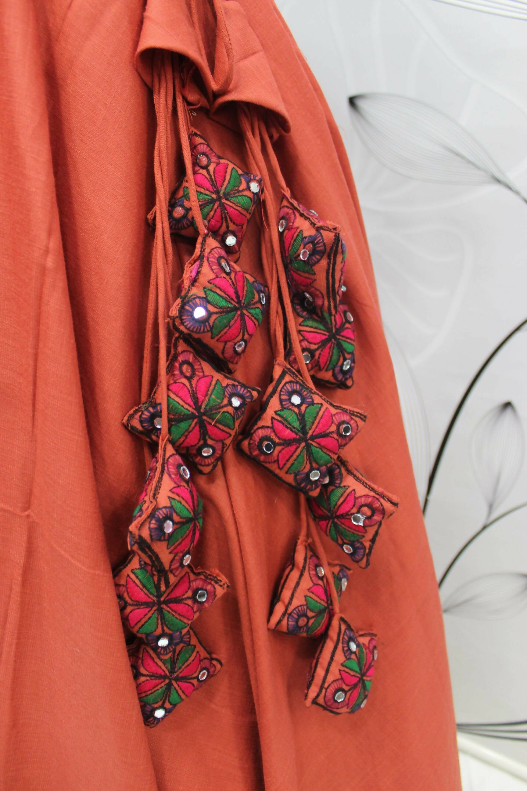 Orange Cotton Thread Embroidered Navratri Lehenga Choli with Dupatta - Raas | Grocsy