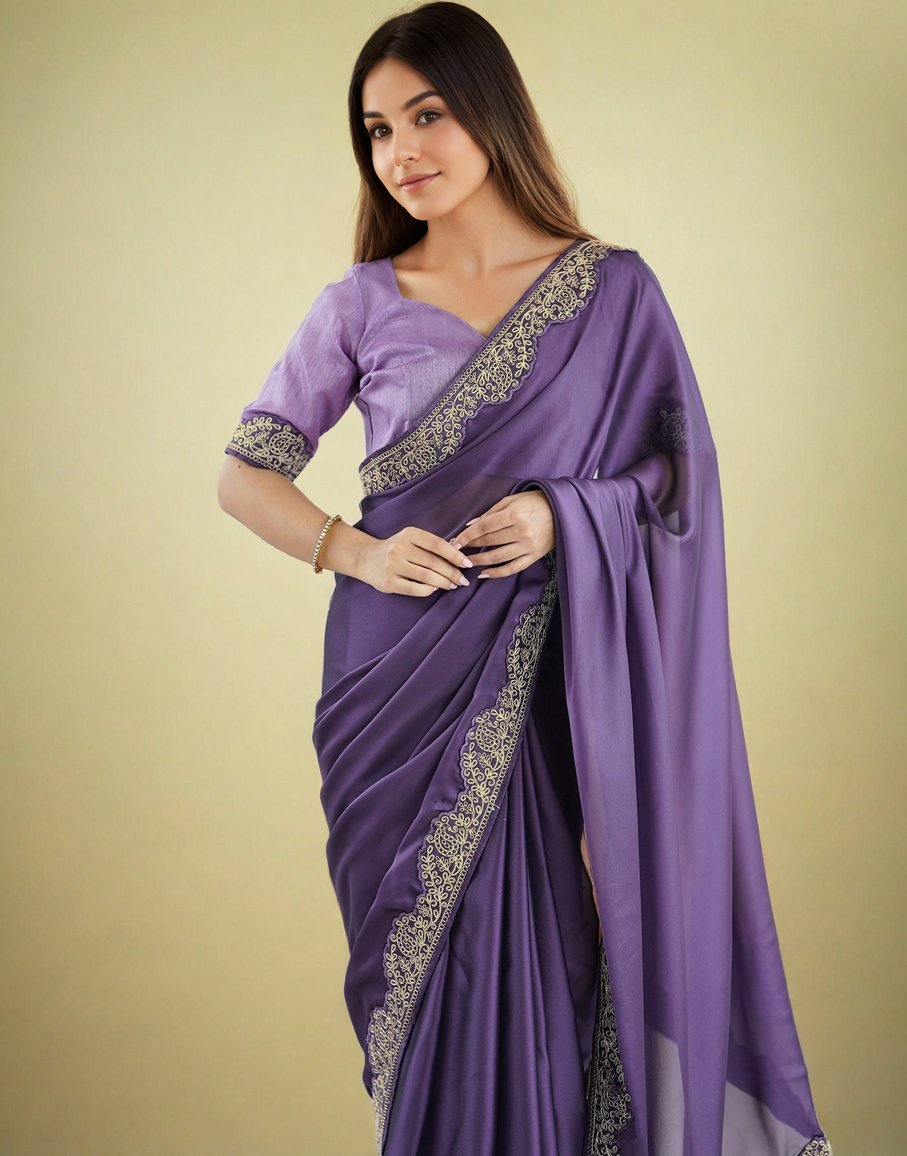 Lorenvalley Fashion Lavender Rangoli Silk with Coding Lace Work Saree with Blouse | Grocsy