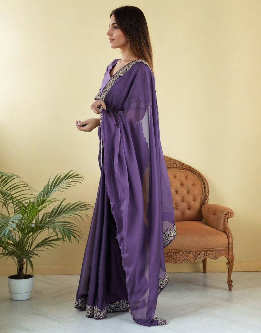 Lorenvalley Fashion Lavender Rangoli Silk with Coding Lace Work Saree with Blouse | Grocsy