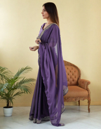 Lorenvalley Fashion Lavender Rangoli Silk with Coding Lace Work Saree with Blouse | Grocsy