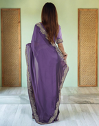Lorenvalley Fashion Lavender Rangoli Silk with Coding Lace Work Saree with Blouse | Grocsy