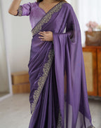 Lorenvalley Fashion Lavender Rangoli Silk with Coding Lace Work Saree with Blouse | Grocsy