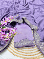 Lorenvalley Fashion Lavender Rangoli Silk with Coding Lace Work Saree with Blouse | Grocsy
