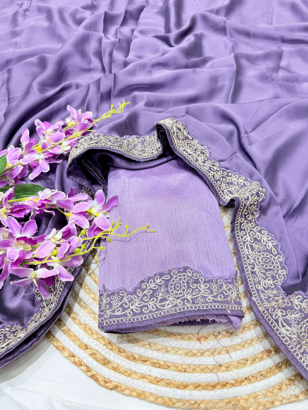 Lorenvalley Fashion Lavender Rangoli Silk with Coding Lace Work Saree with Blouse | Grocsy