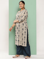 Yufta Plus Size Ethnic Motifs Printed Regular Cotton Kurta with Palazzos | Grocsy