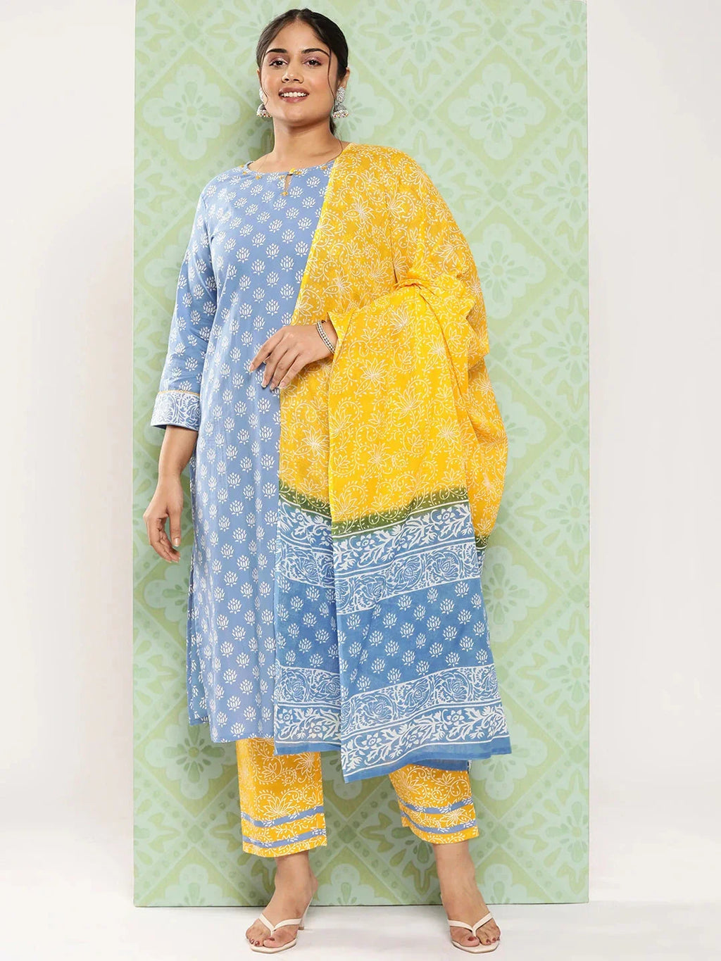 Yufta Plus Size Ethnic Motifs Printed Thread Work Pure Cotton Kurta Set | Grocsy