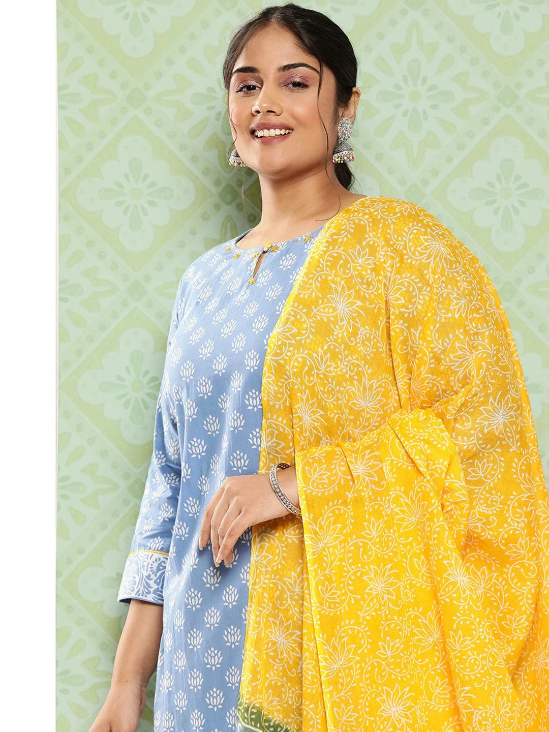 Yufta Plus Size Ethnic Motifs Printed Thread Work Pure Cotton Kurta Set | Grocsy