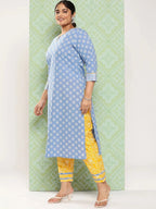 Yufta Plus Size Ethnic Motifs Printed Thread Work Pure Cotton Kurta Set | Grocsy