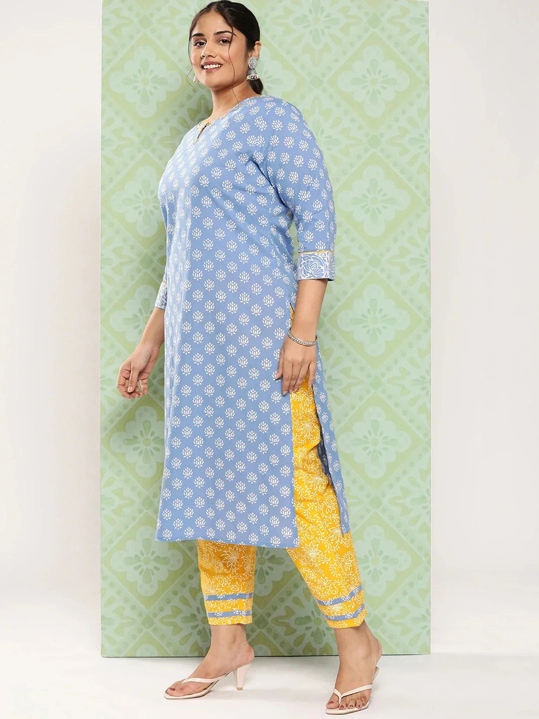 Yufta Plus Size Ethnic Motifs Printed Thread Work Pure Cotton Kurta Set | Grocsy