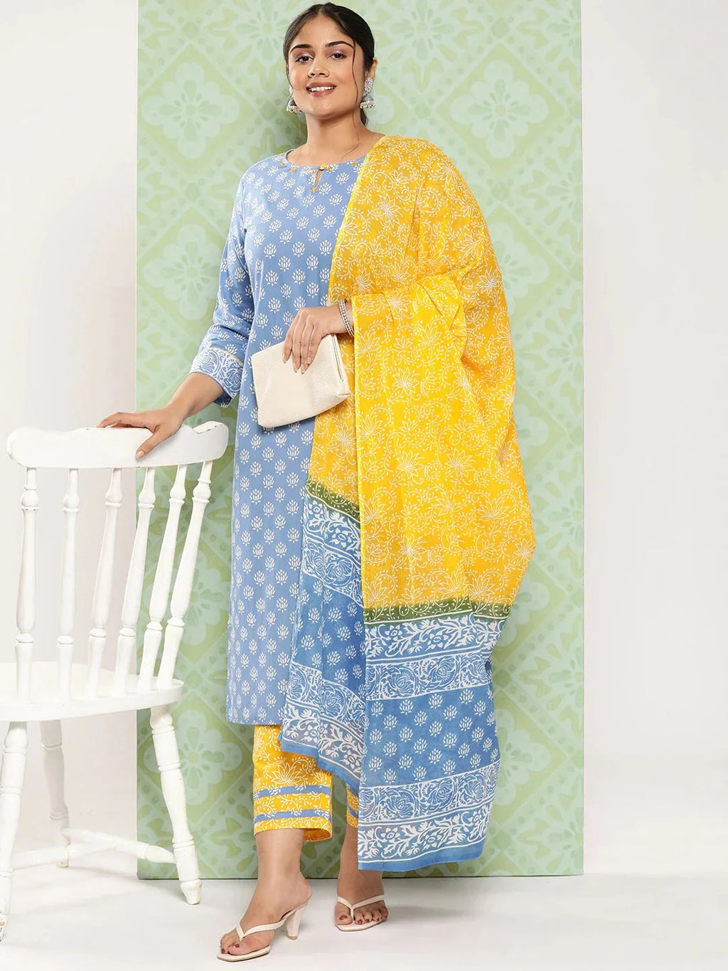 Yufta Plus Size Ethnic Motifs Printed Thread Work Pure Cotton Kurta Set | Grocsy
