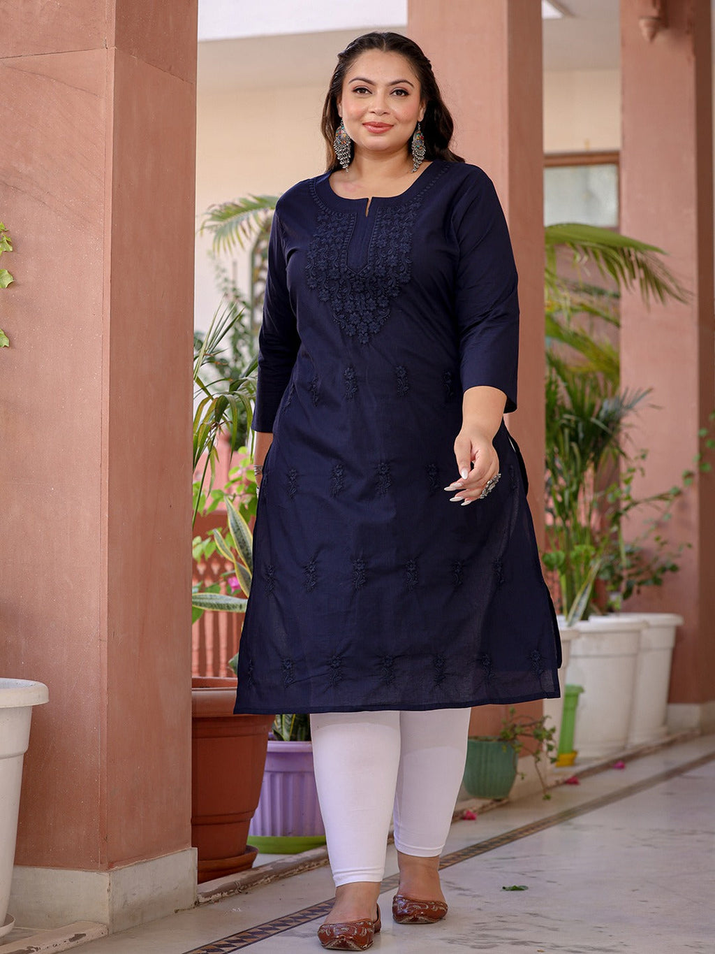 Yufta Navy Blue Floral Plus Size Chikankari Kurti Women | Grocsy